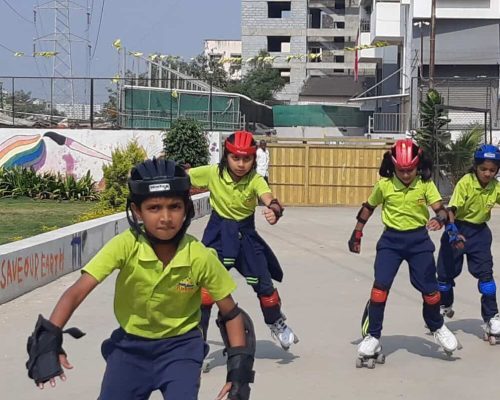Students practicing skating at Rudra The Practical School CBSE school in Nashik